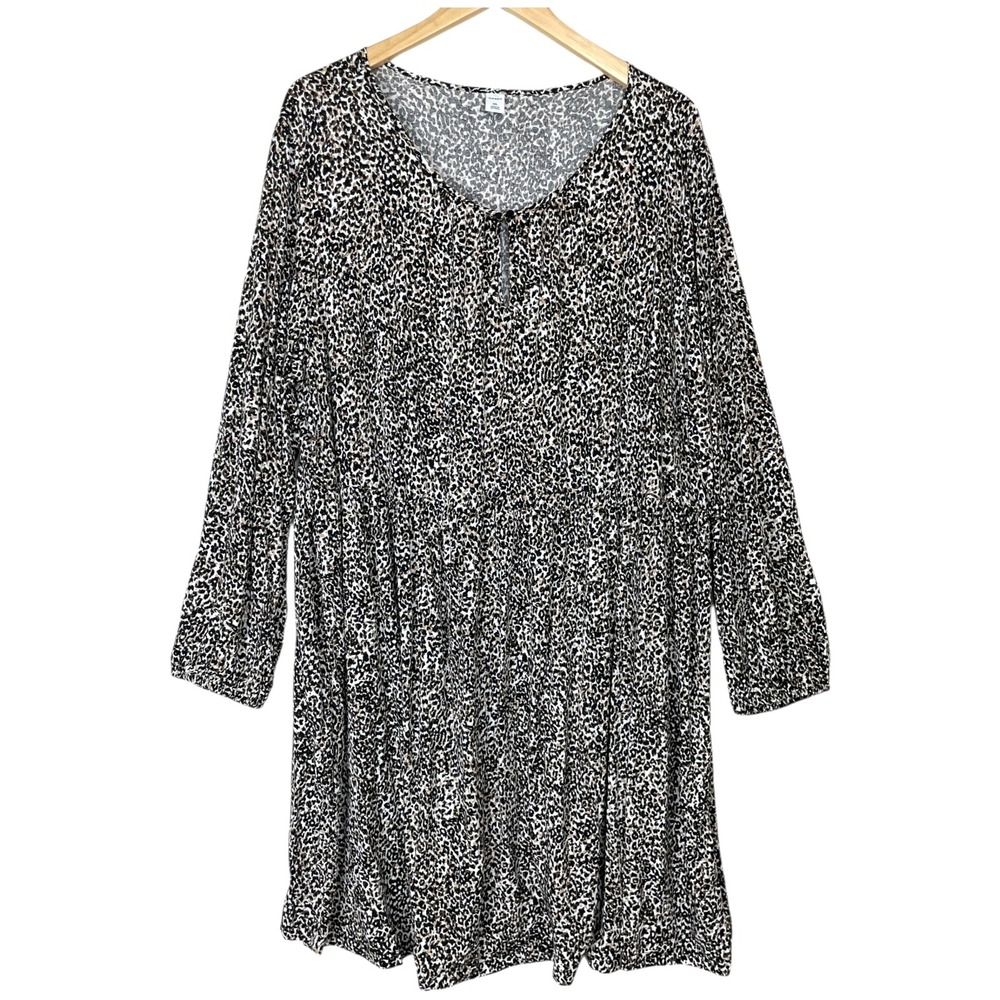 Old Navy Dress Women Size XXL Leopard Print Long Balloon Sleeve Keyhole Neck AOP